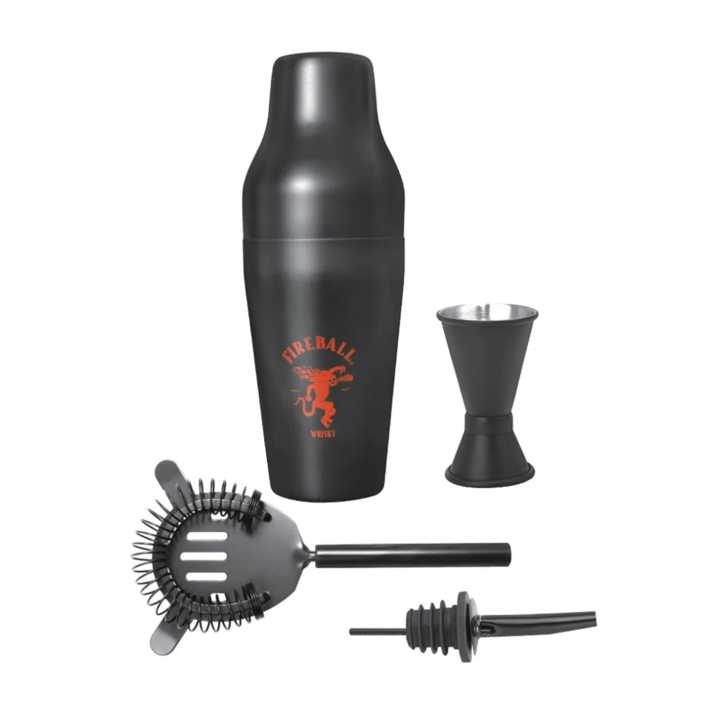 FIREBALL® 4 PIECE SHAKER SET(Hawthorne Strainer, Shaker, Jigger) NWT